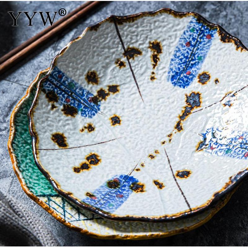 Hand-Painted Ceramic Plate Japanese Stone Pattern Polygonal Plate Cerative Plae For Household Or Restaurant Dinner Serving