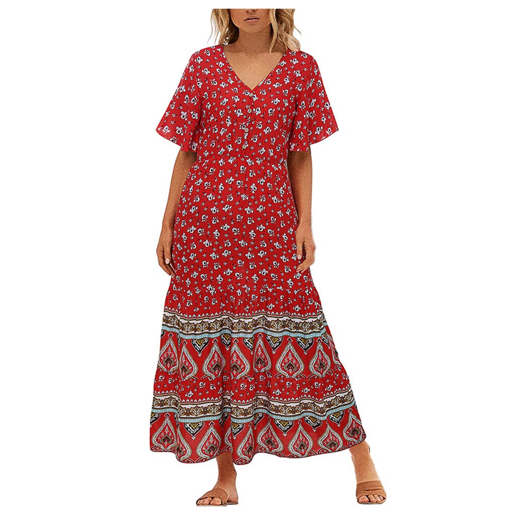 Vrouwen Zonnejurk Jurk Mode Bohe Dot Print Hemdje V-hals Button Verstoorde Vintage Jurk Casual Kleding Vestidos De Mujer Elbise: Rood / XL