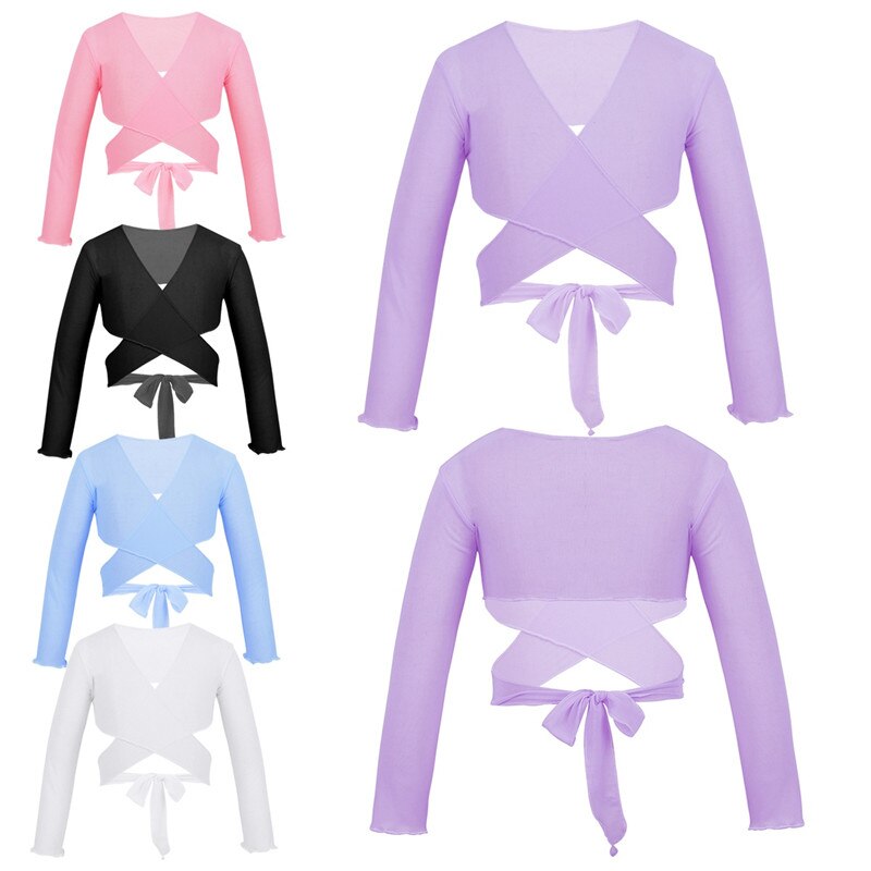 Kids Girls Classic Mesh Ballet Costume Long Sleeve Wrap Top with Adjustable Tie Closure Flower Bridesmaid Wedding Dress Wrap