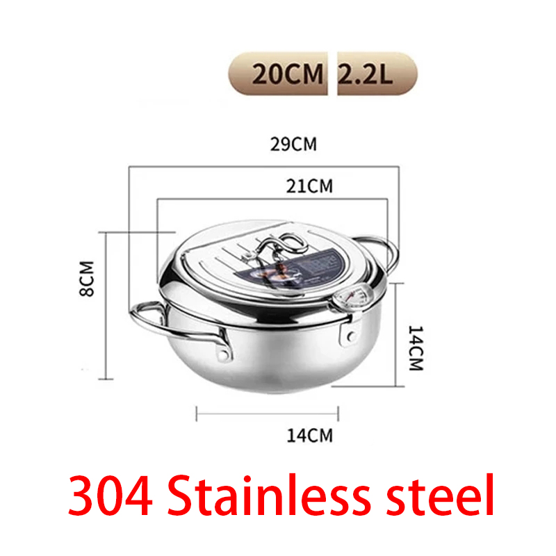 Fryer Pot with Thermometer Tempura Fryer Pan Kitchen Deep Frying Pot With Oil Drain Rack Kitchen Utensils Cookware: 20cm 304