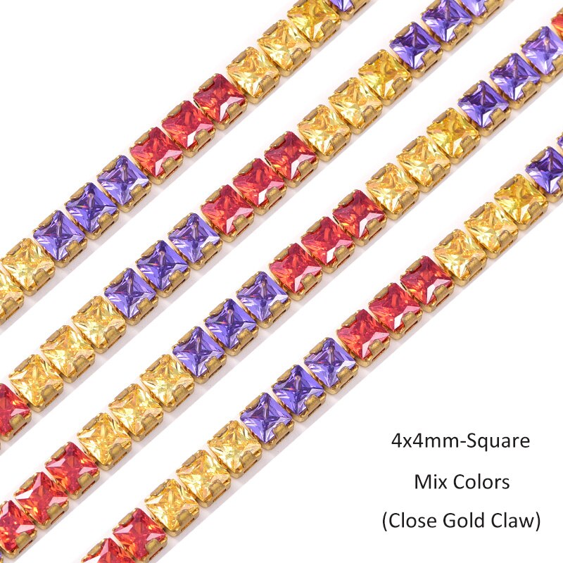 250Pcs/Strip Vierkante Rechthoekige Стразы K9 Glas Strass Ketting Kristal Strass Gouden Base Steentjes Cup Trimmen A03: 4x4mm-Square