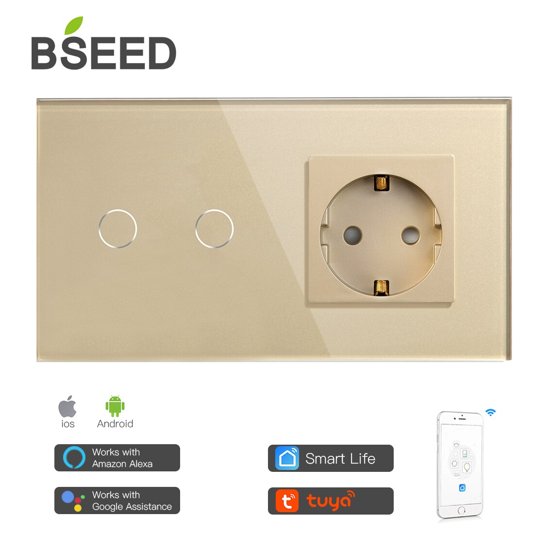 Bseed Mvava Wifi Touch Switch 1Gang 2Gang 3Gang Met Normale Eu Socket Zonder Wifi 3 Kleur Kristal glazen Paneel Smart Switch Alleen: Gold 2 Gang