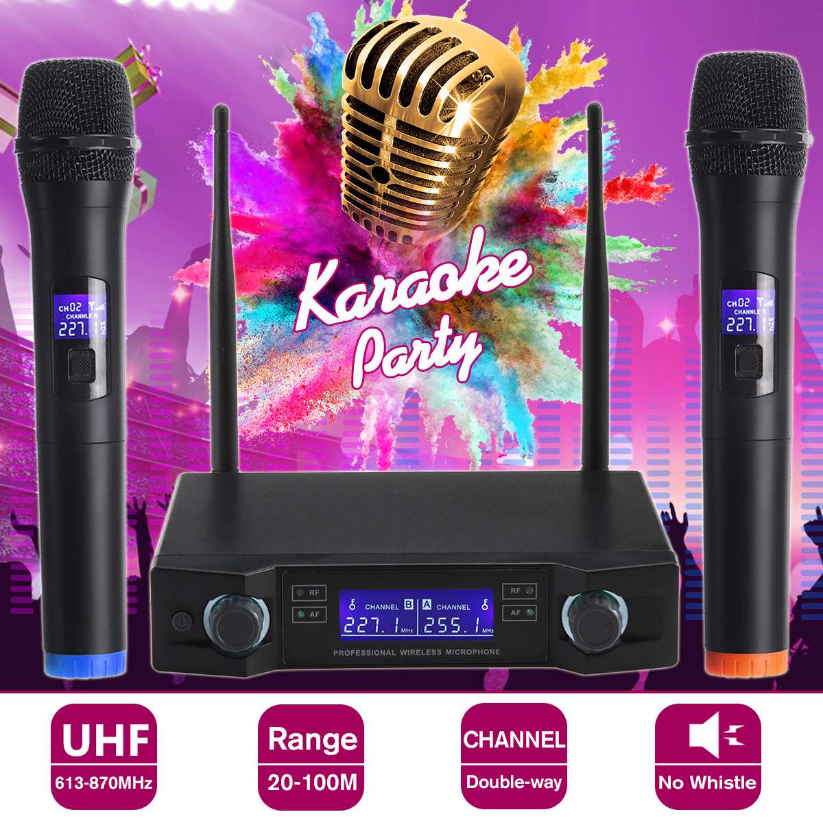 Dual Wireless Microphone System 2 Channel UHF Dynamic Handheld Mic Karaoke Party Stage Performances