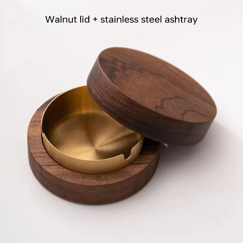 Houten asbak met deksel, roestvrijstalen binnenkant, winddicht, duurzaam, gemakkelijk schoon te maken, voor terras, kantoor, thuis, sigarenhouder: Geel