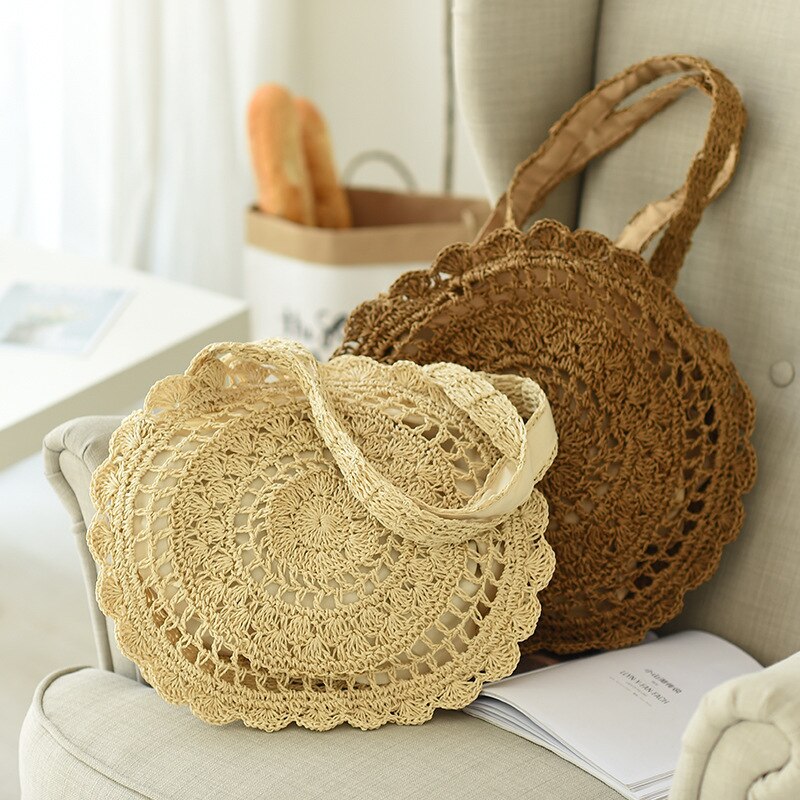 Sac à main en rotin tissé à la main pour femmes, sac en paille fait-main ajouré en forme de cercle, grande capacité, été, voyage, plage, décontracté