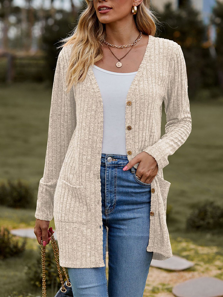 Abrigo de otoño de calle de versátil para citas Top a rayas de manga larga de Color sólido con botones para mujer