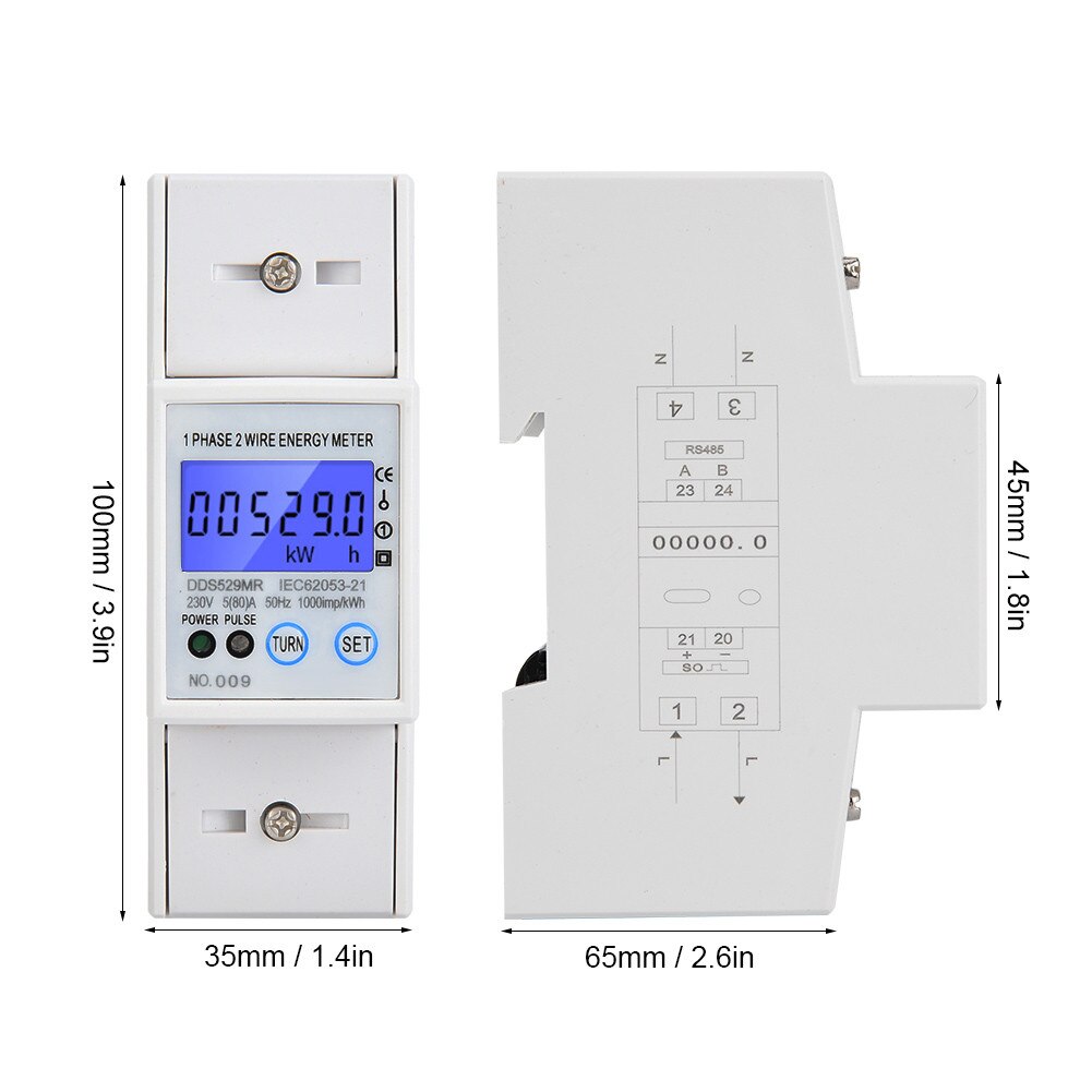 DDS529MR 1 Phase 2 Wire Electric Energy Meter LCD Digital Display 230V 2P DIN Rail Power Meter with RS485