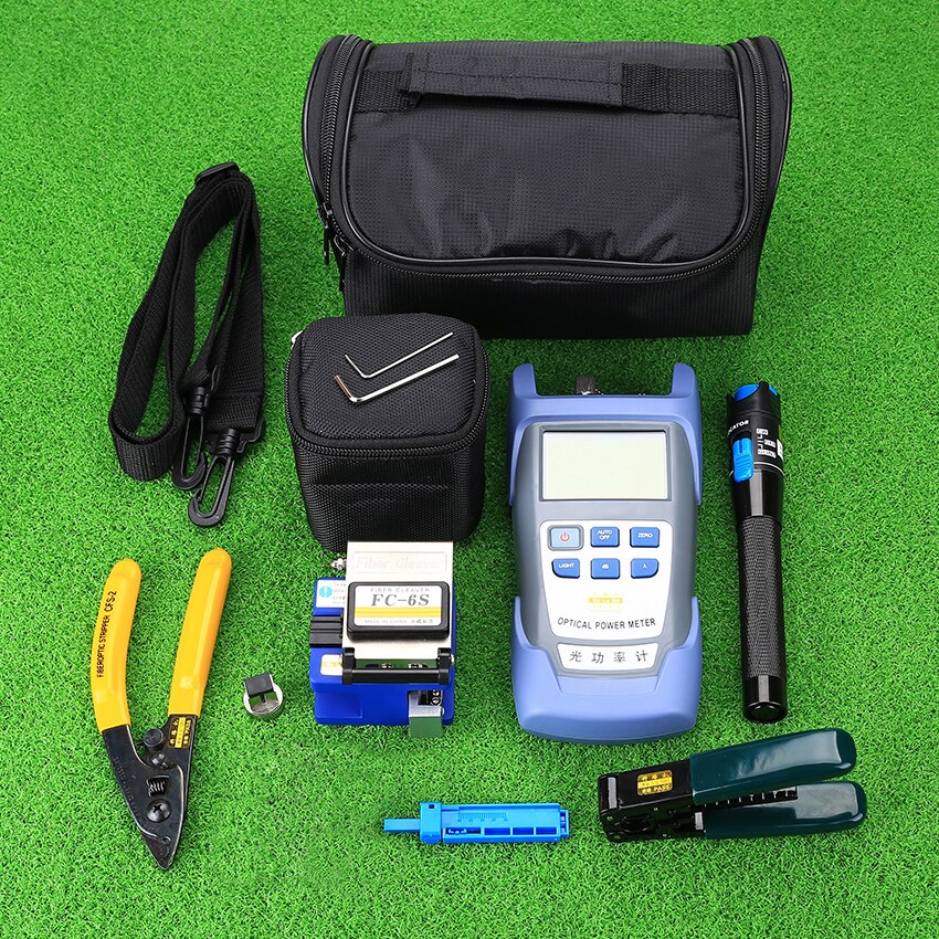 KELUSHI Fiber Optic FTTH Tool Kit with FC-6S Fiber Cleaver and Optical Power Meter 5km Visual Fault Locator 1mw Wire stripper