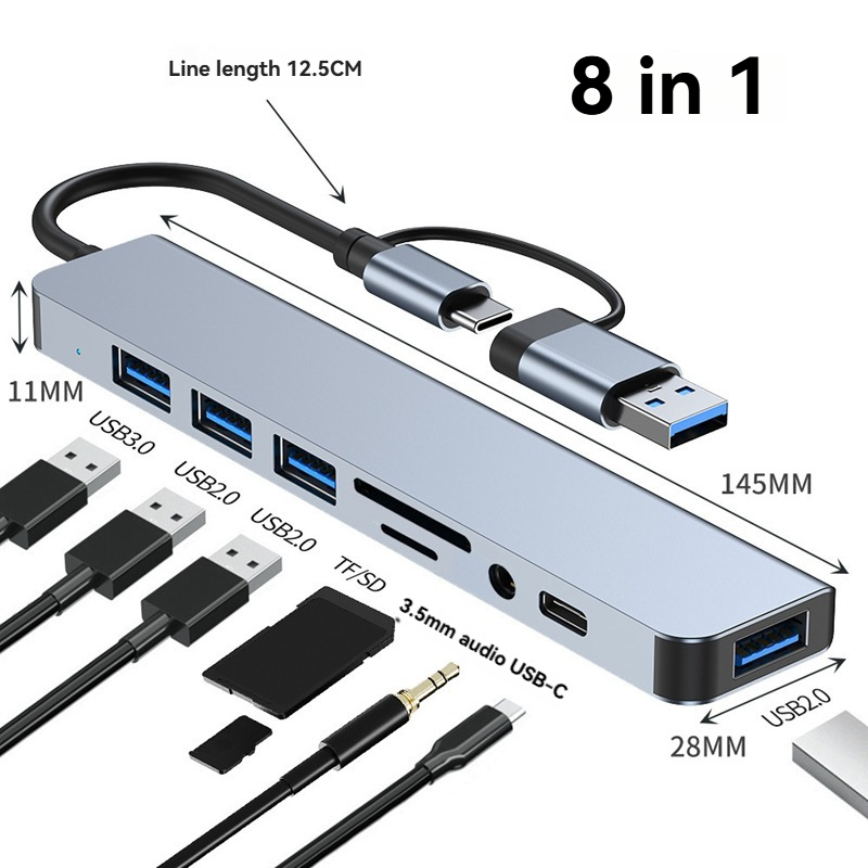 Hub USB-C 8 em 1 com adaptador de áudio, leitor de cartão Micro SD, conversor de disco para laptop, tablet e celular.: Preto