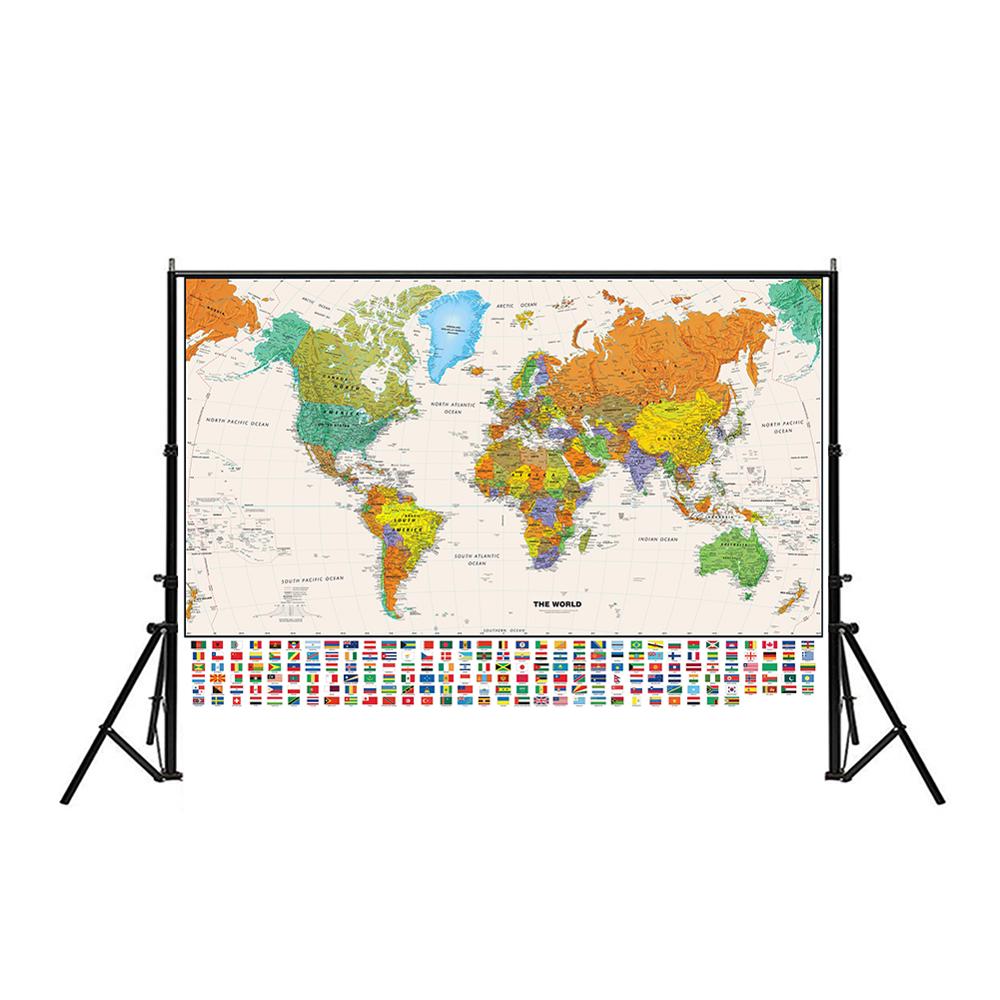 150 x 225cm verdens fysiske kort med nationalt flag til uddannelse og kultur ikke-vævet spray verdenskort