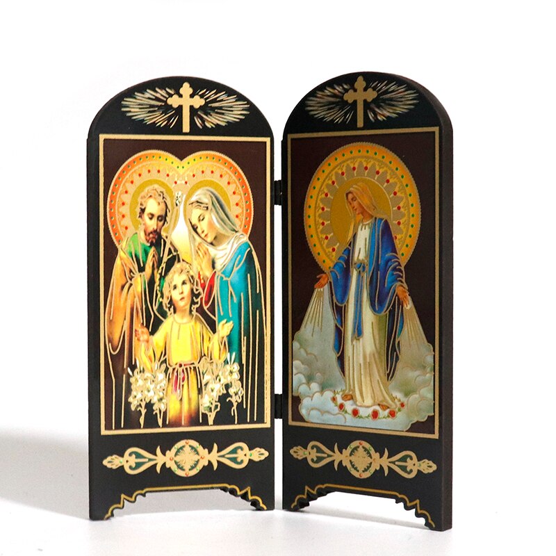 Katholieke Houten Dubbele Scherm Ornamenten Home Decoratie Christus Jezus Virgen Maria Religieuze Figuur Icoon Imagenes Kerk: Bruin