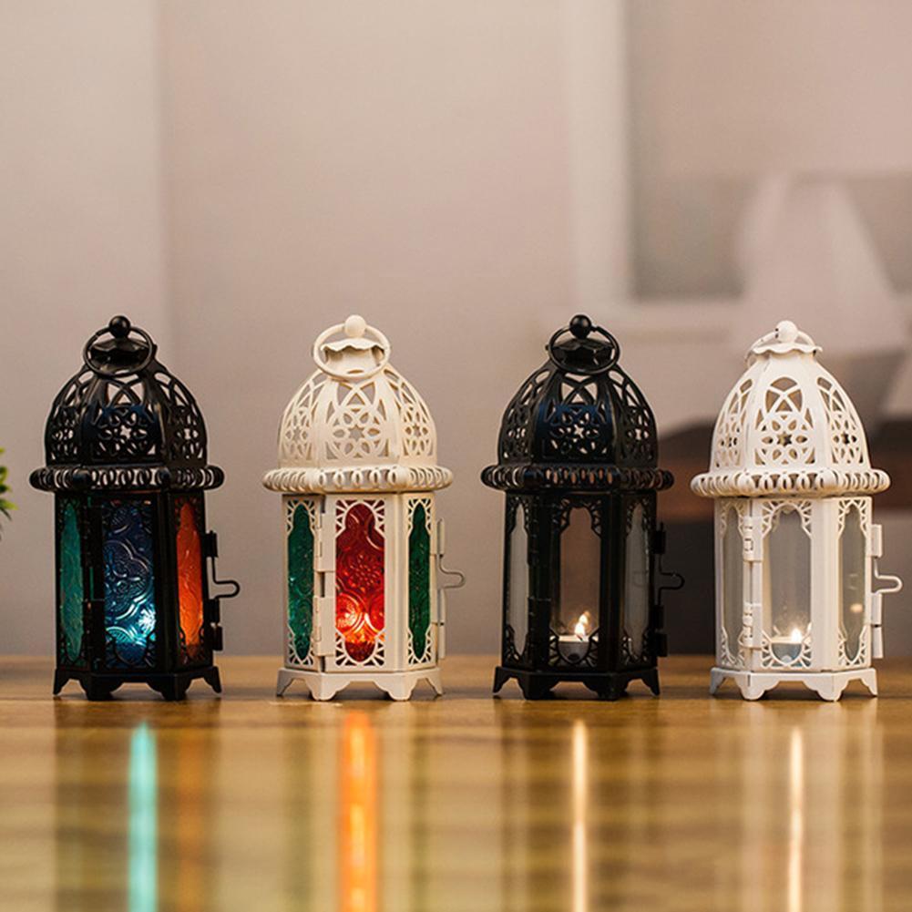 Marokkaanse Stijl Kaarshouder Votive Kaarshouder Opknoping Ijzer Decoratie Lantaarn Kandelaar Glas Lantaarn Stained Thuis O3G9