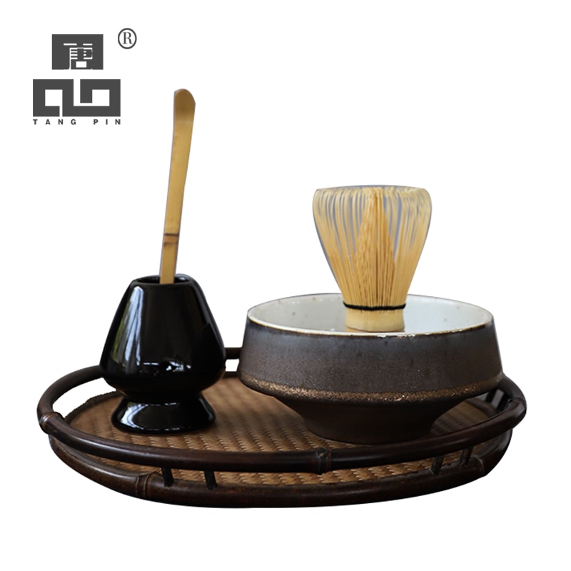Tangpin 4 st/uppsättning keramiska matcha giftset bambu matcha visp skopa keramisk matcha skål visp hållare japanska tesatser