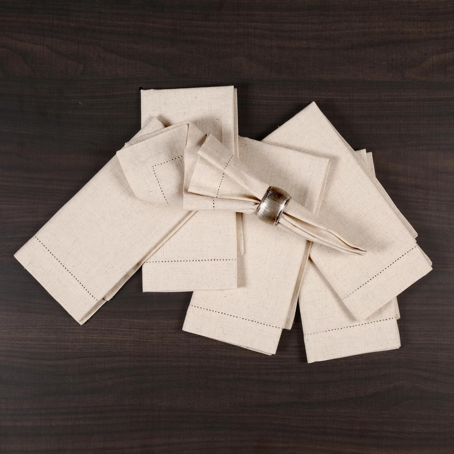 6er-Set Servietten aus Leinen mit Saumnaht, Weihnachts-Stoffservietten, Naturfarben, Abendessen-Servietten, waschbare Flachs-Stoffserviette