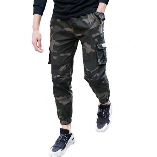 Camo Mannen Werkkleding Broek Dunne Multi-Pocket Enkel Stropdas Elastische Taille Straight Cargo Broek Met Meerdere Zakken: XL / Army Green