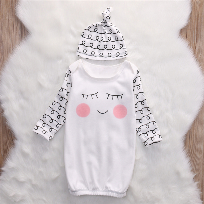 Cute Newborn Baby Clothes Sleepy Eyes+Rosy Cheeks Baby Gown Hat Infant Newborn Coming Home Sleepwear Sleeping