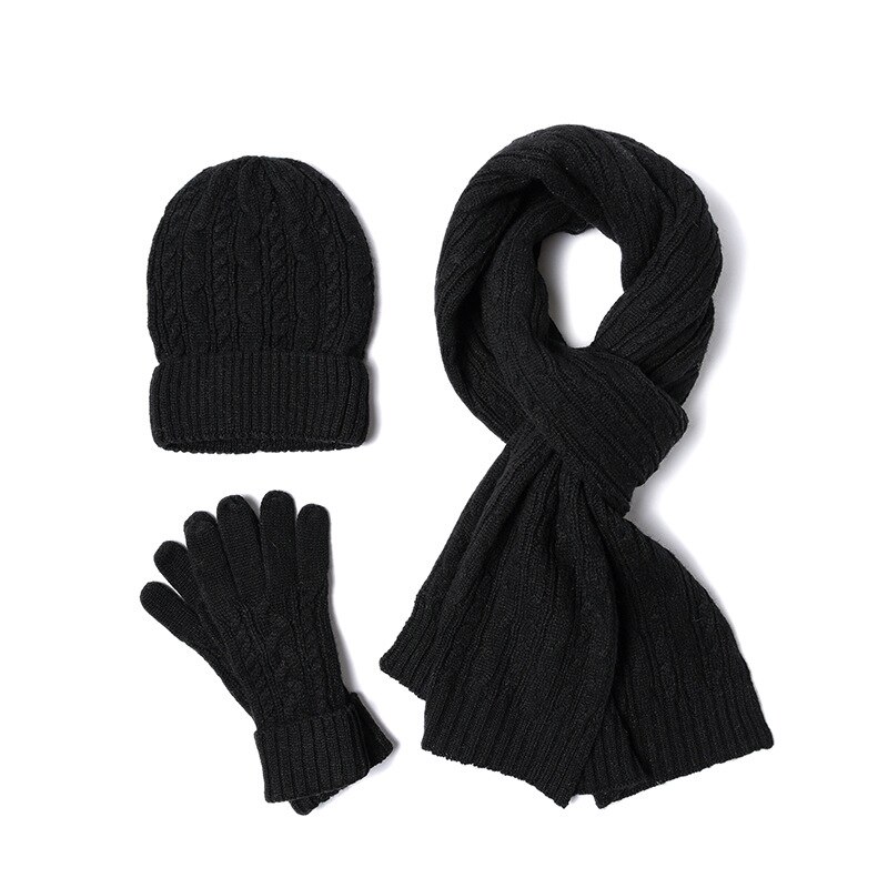 Hoed Handschoenen Set Vrouwen Warm Leuke Wollen Hoed Sjaal Handschoenen Drie Winter Sneeuw Gebreide Cap Screen Wanten Sjaals Sets Sjaal Handschoenen Hoed, Zwart, one size