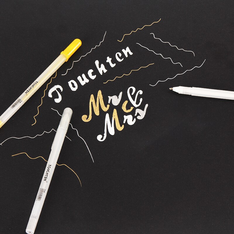 Touchten-Bolígrafo de pintura de alto brillo, marcador pintado a mano, tarjeta negra, gancho de corrección, trazo de línea, color dorado/plateado/blanco, 3 uds.
