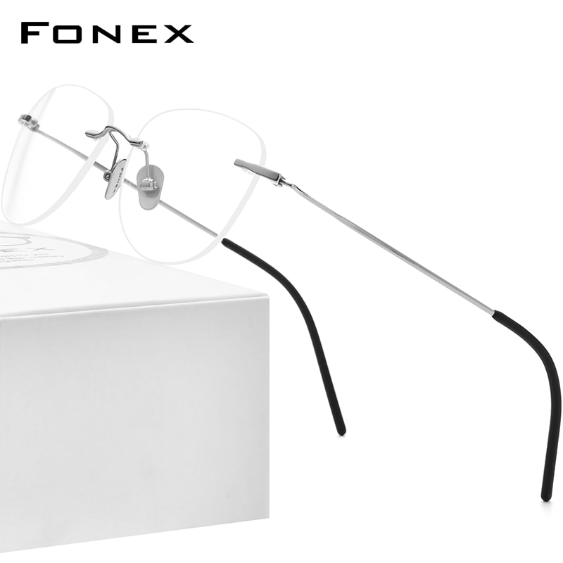 FONEX-Montura de gafas de titanio para hombre y mujer, anteojos cuadrados con prescripción sin montura, gafas ópticas para miopía sin marco,: Plata