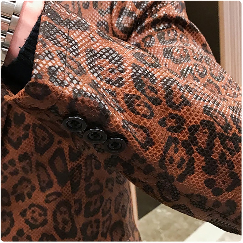 Jas Lederen Podium Kostuums Voor Zangers Losse Jas Blaser Homens Terno Masculino Herfst Luipaard Print Heren Blazer Huid Pak