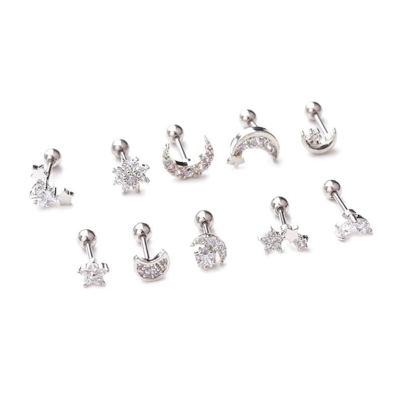 Zilveren Kleur Kruis Hart Bloem Kroon Cz Oorstekers Helix Piercing Kraakbeen Earring Conch Rook Tragus Stud Oor Piercing Sieraden