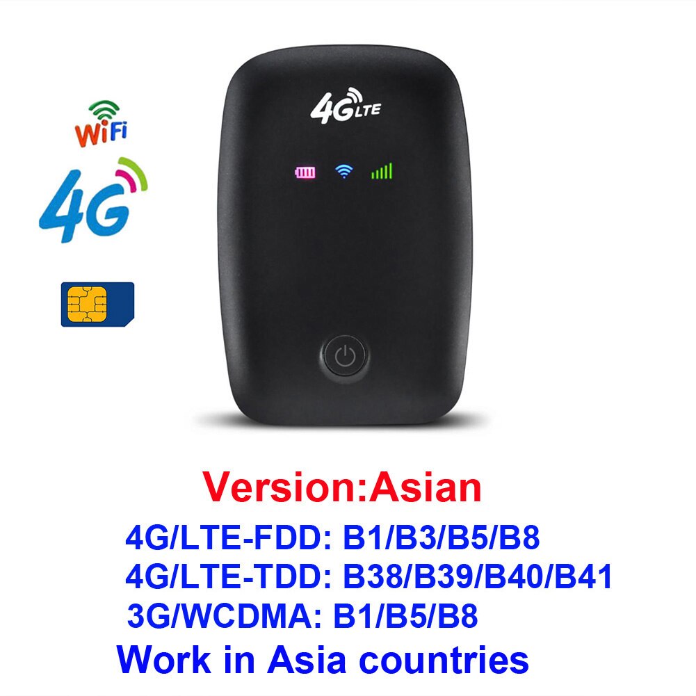 4G WIFI Router Mobile 4G LTE Travel Partner North South America Wireless Pocket Mobile WiFi Router With SIM Card Slot: Asia Countries