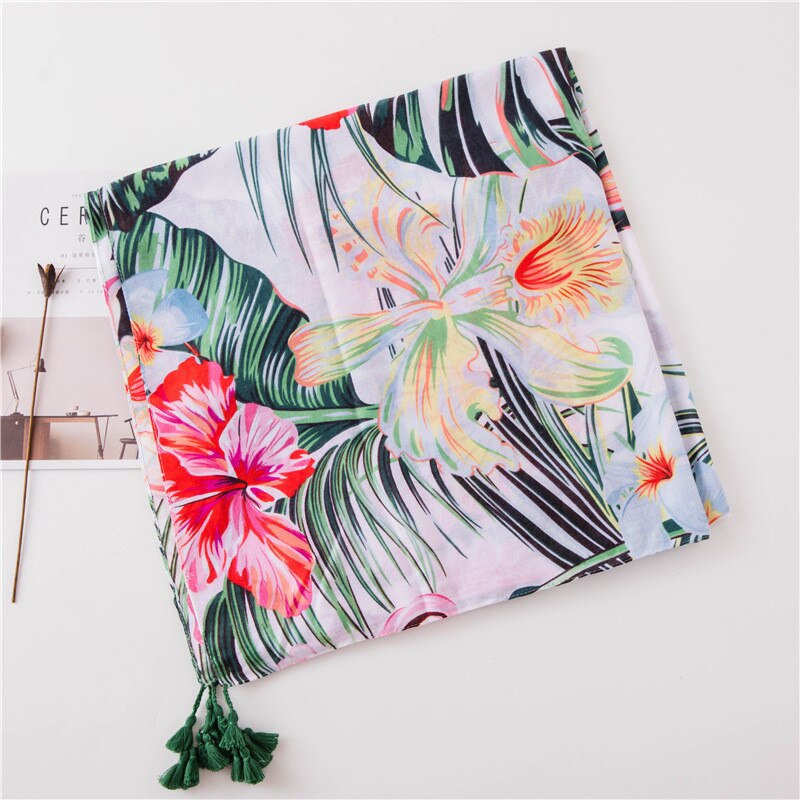 Écharpe de plage fleurie pour hiver | Foulard imprimé tropical, châle feuilles de coco, foulard en soie, écharpe de plage en viscose pour femmes
