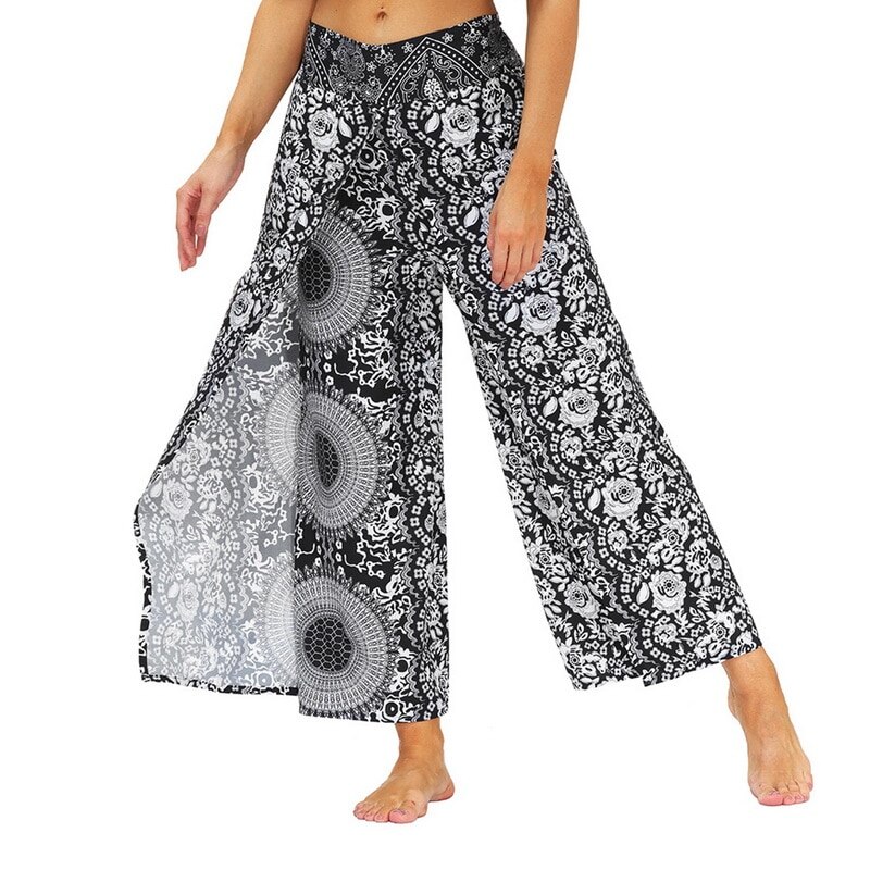 Womens Palazzo Casual Yoga Broek, Slit Brede Been Broek Casual Beach Boho Vintage Hippie Bohemian Pilatus