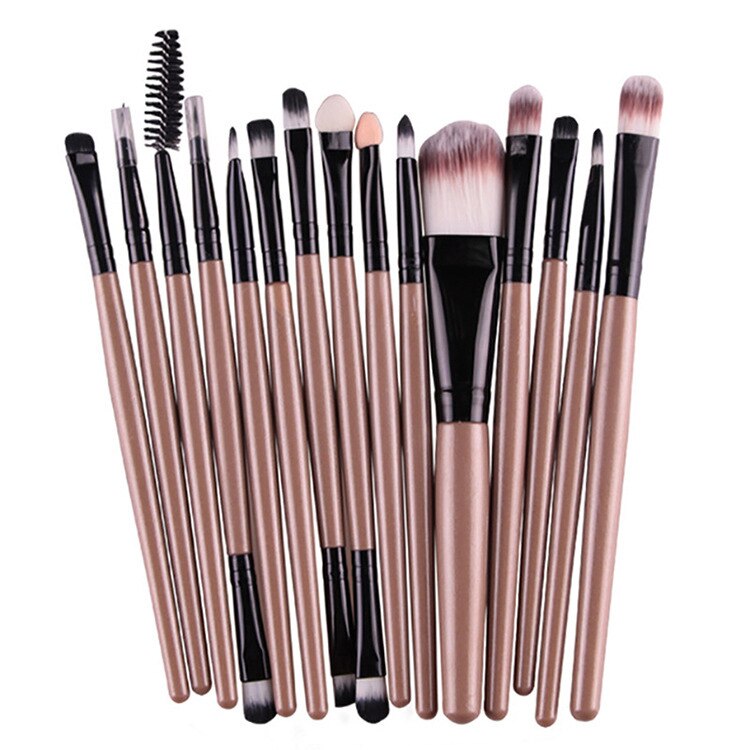 15 st ögonskugga foundation makeup borstar set puder eyeliner ögonfrans läpp make up borste kosmetisk skönhet verktygssats: Brun