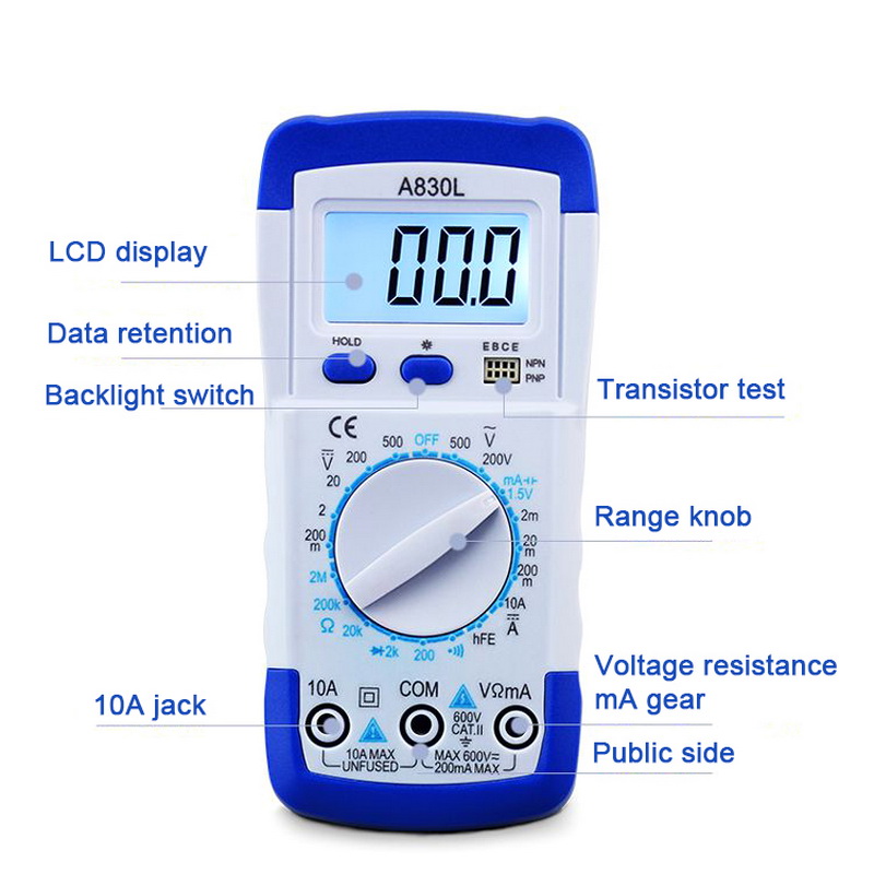 A830L LCD Digital Multimeter DC Voltage Diode Freguency Multitester Current Tester Luminous Display with Buzzer Function