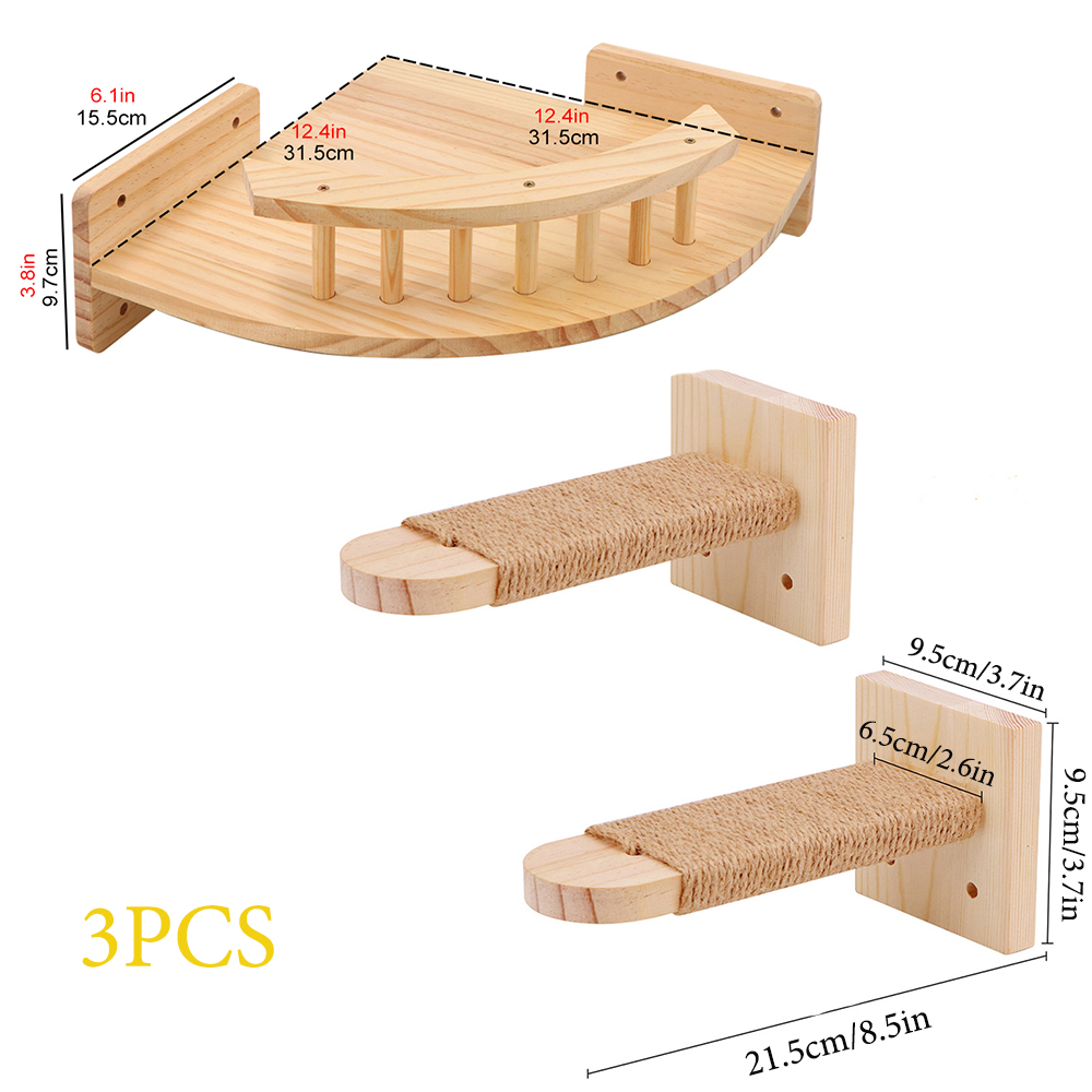 Wandgemonteerde Krabpaal Houten Planken Krabpalen Klimmen Kat Zitstokken Hangmat met Stappen en Ladder Houten Huisdier Meubels: Zilver