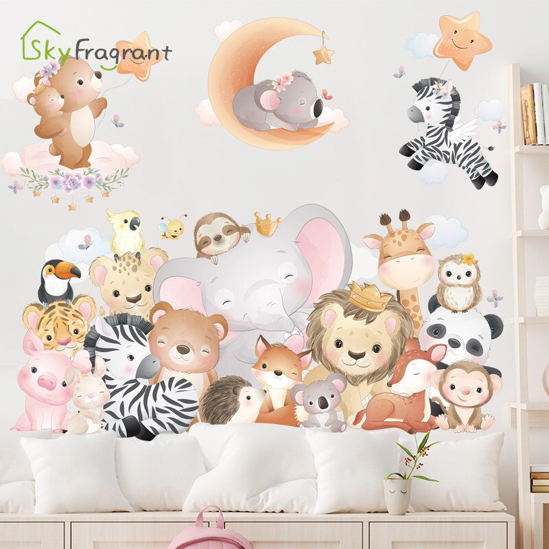 Cartoon Cute Animals Wall Stickers For Kids Rooms Baby Boy Bedroom Wall Decorations Self Adhesive Decoration Stickers Home Decor