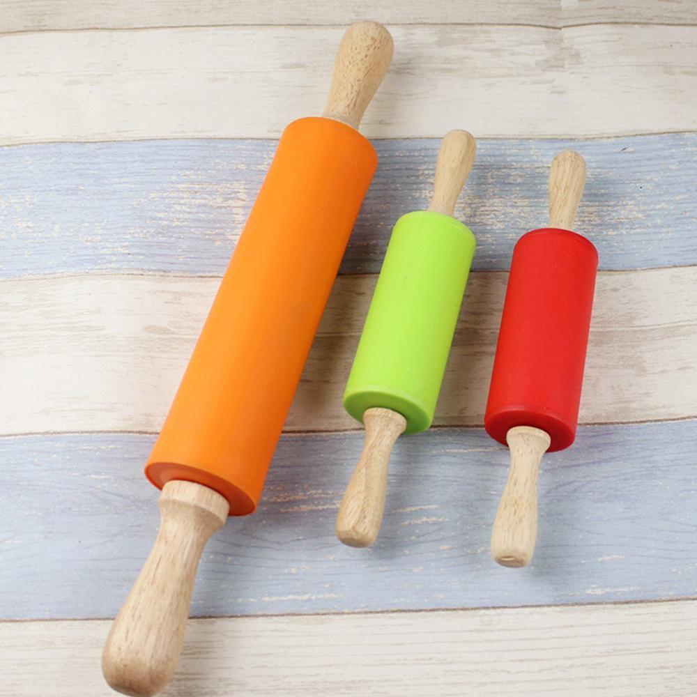 S/M/L Non-Stick Wooden Handle Silicone Rolling Pin Pastry Dough Flour Roller Kitchen Baking Cooking Tools Christmas Rolling Pin