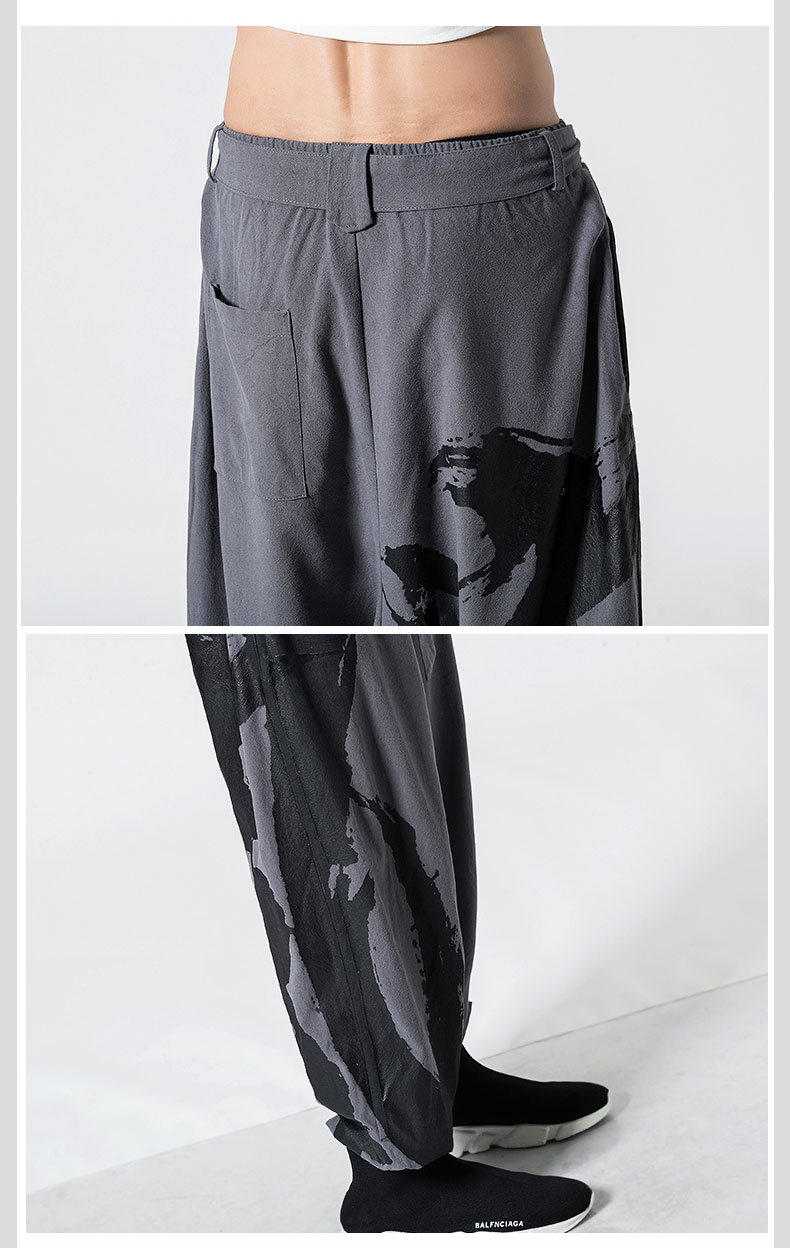 Men Casual Loose Pant Streetwear Male Elastic Waist Cotton Linen Print Harem Trousers Joggers Sweatpants Thailand Travel Clothes