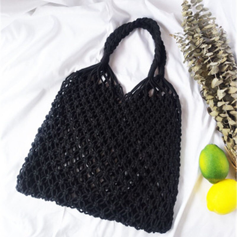 Bevölkerung Baumwolle Seil Hohl Stroh Tasche schier Macrame Tote Böhmischen Ultraleicht Schulter Tasche Netz Tasche Jahrgang retro schick handtasche: Schwarz