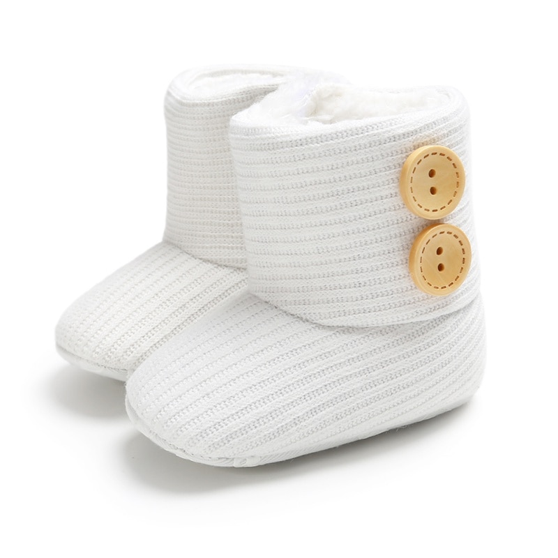 Baby warme winterlaarzen meisjes zachte zool wieg schoenen knoop katoenen platte laarzen gebreide effen knopen peuterschoen