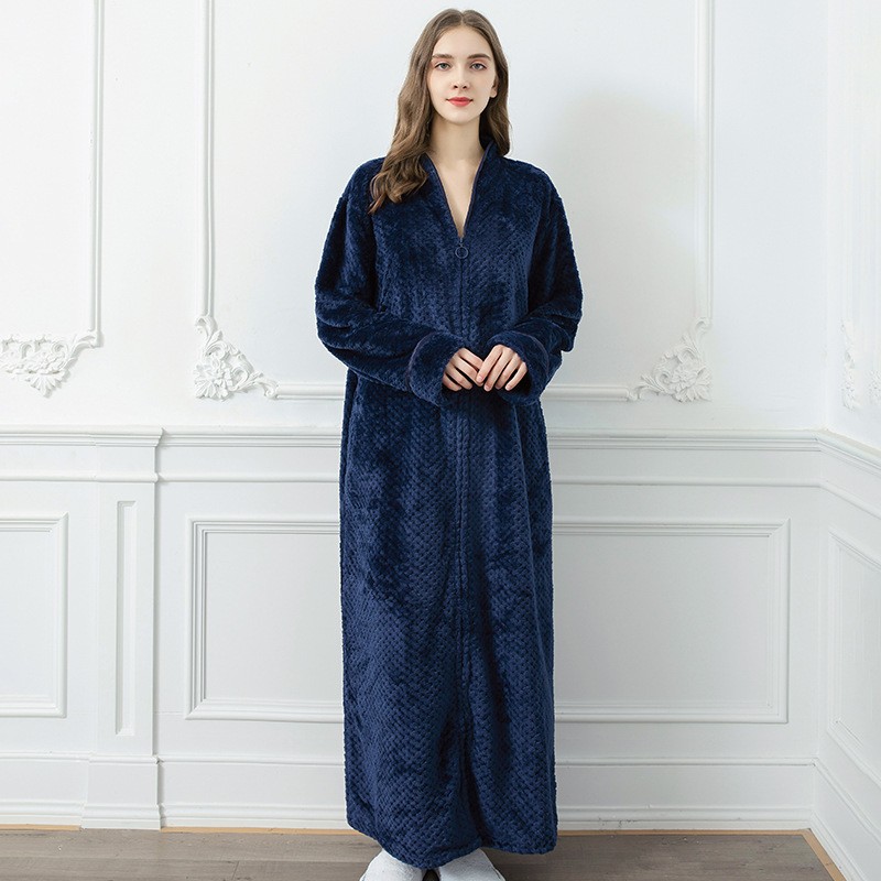 Frauen Winter Extra Lange Warme Jacquard Flanell Bademantel Schwangere Zipper Plus Größe Morgenmantel Lounge Korallen Fleece Bademantel: M / Himmel Blau