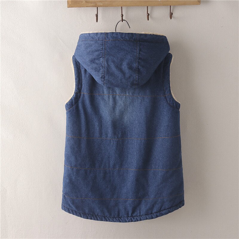 Uhytgf ermeløs høst vinter denim vest kvinner pluss fløyel tykk lamme kashmir varm vest vest løs korte jeans vester 1514