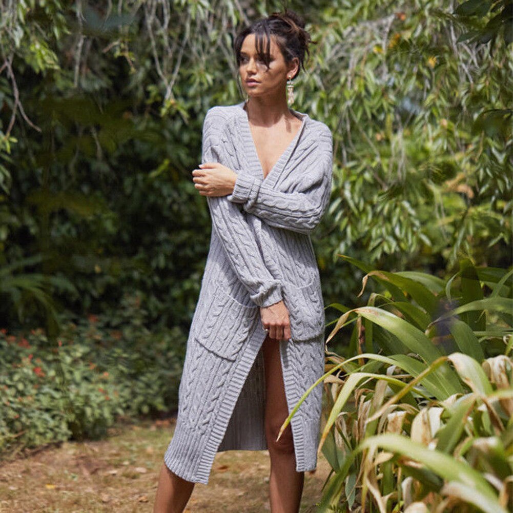 dame lang cardigan genser topp langermet løs strikket cardigan genser dame strikket dame cardigan femme: Grå