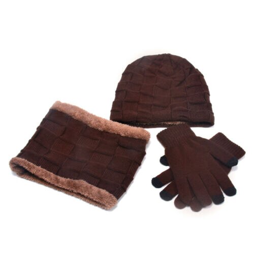3 stykker 220 vinter varme beanie hatte tørklæde og berøringsskærm handsker sæt til mænd og kvinder vinter varm plaid strik pels cap sæt: 1