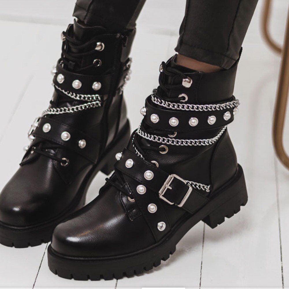 Botas BONJOMARISA a la con hebilla y perlas para mujer, botas de tacón cuadrado con cadena para otoño e invierno, zapatos de plataforma para mujer