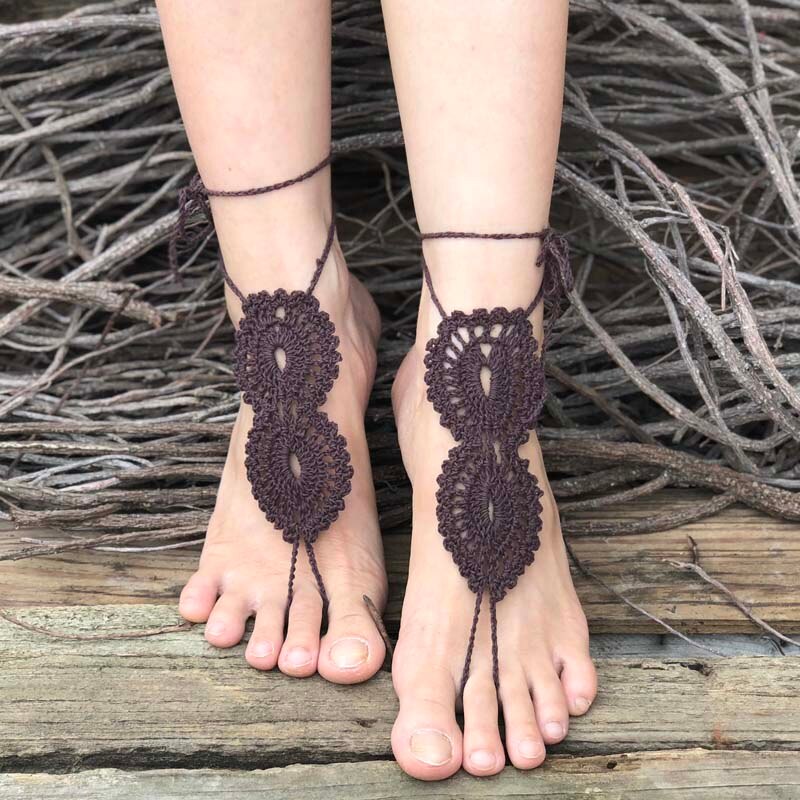 Virka barfota sandaler strand pool slitage tå ring fotled naken skor fot smycken viktorianska spets yoga skor brud fotled: Kaffe
