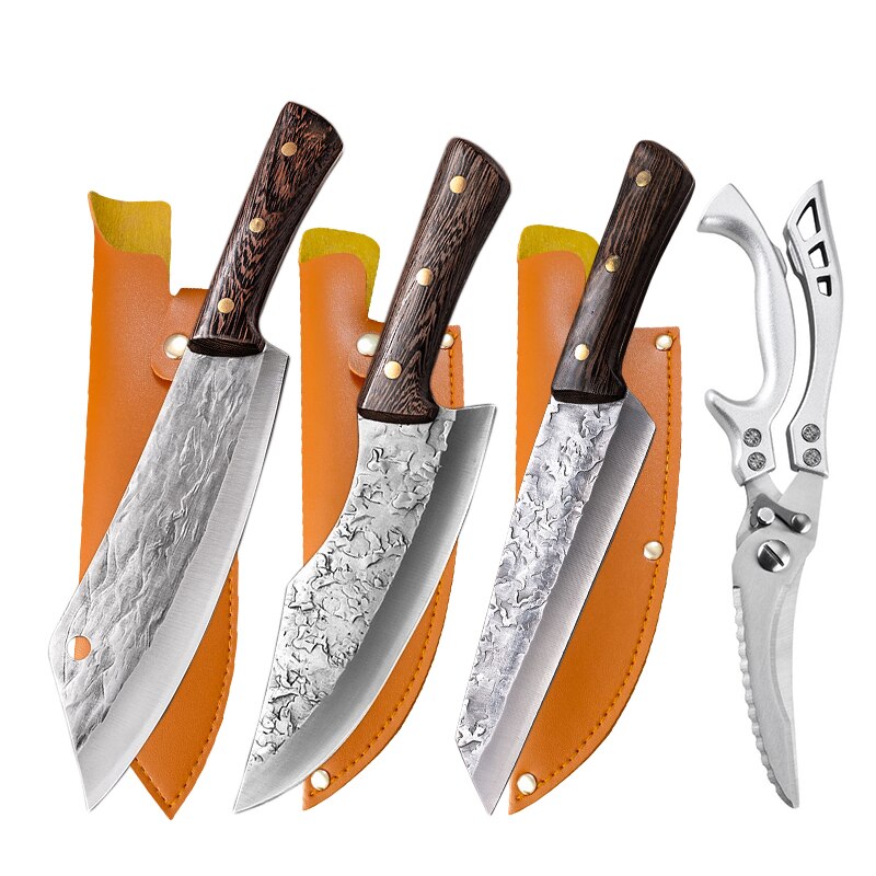 Chopping Knife Stainless Steel Full Tang Blade Wood Handle Sheath Cutting Slauughtering Meat Fish Boning Accessories Tools: 4PCS-3