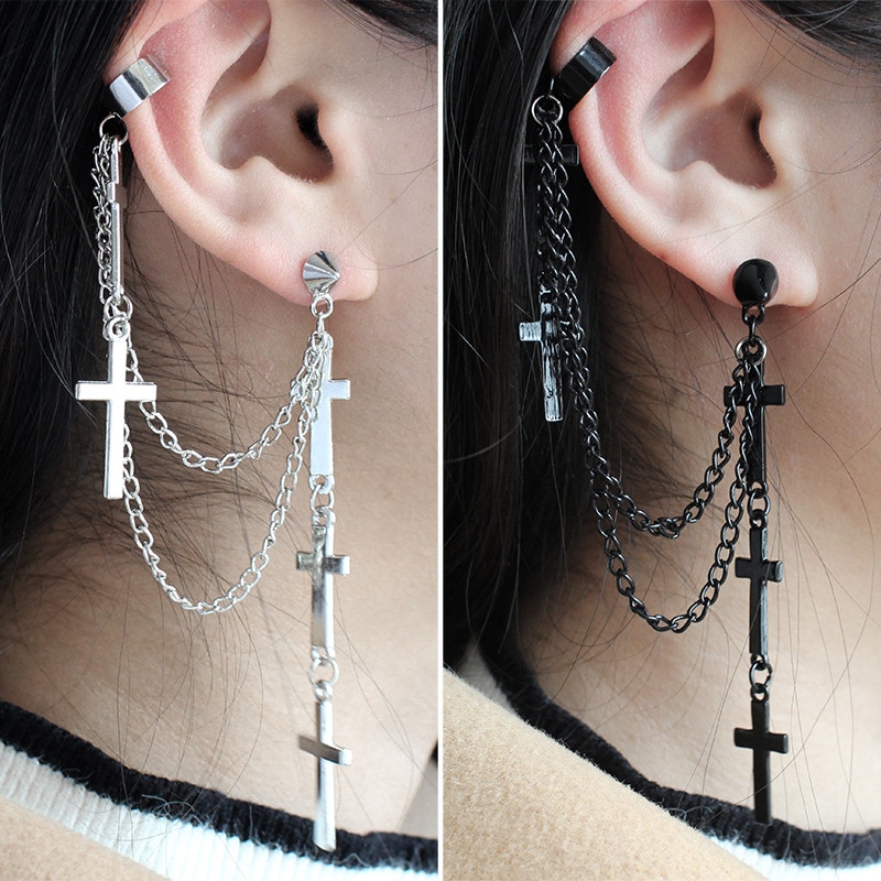 alloy cross combined ear clip and ear earring jewely accessories punk death rock goth stage cosplay party dance