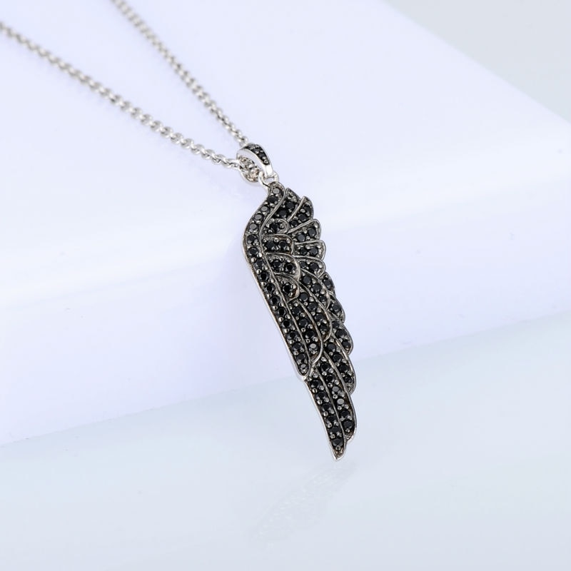 SANTUZZA 100% 925 Sterling Silver Pendant For Women Shiny Black Spinel Angel Wings Trendy Party Jewelry