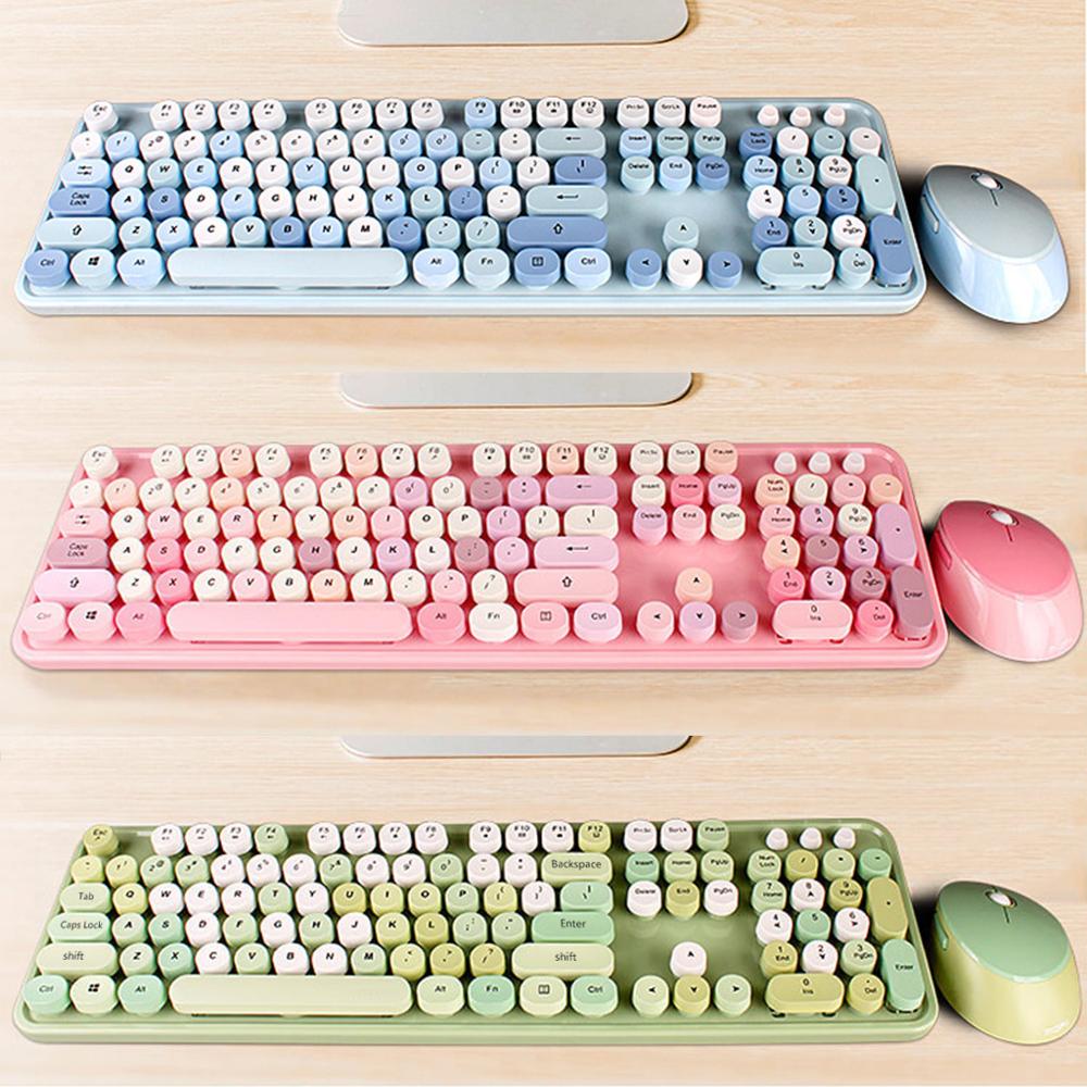 Blue 2.4Ghz Wireless Keyboard and Mouse Set Portable Universa Laptop Round Keycap Punk Keyboard and Mice