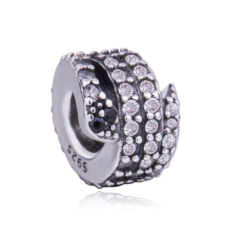 925 echte, funkelnde schlangenanhänger aus sterlingsilber mit klaren zirkonia- und schwarzen kristallen passen auf originale damen-armbänder und -halsketten zum selbermachen.