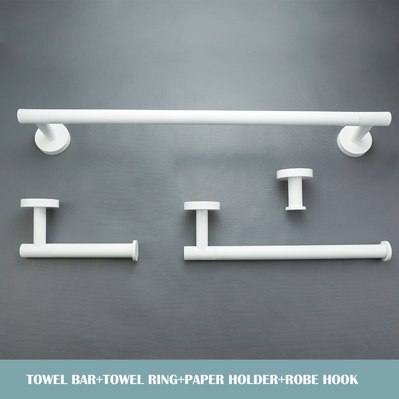 Juego de accesorios de baño blanco mate, soporte de toalla de baño, soporte de papel, gancho para bata, cepillo de inodoro, jabonera, estante de toalla