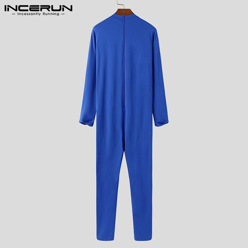 Hommes combinaison pyjamas à manches longues couleur unie O cou Homewear loisirs vêtements de nuit doux Fitness hommes barboteuses vêtements de nuit S-5XL INCERUN
