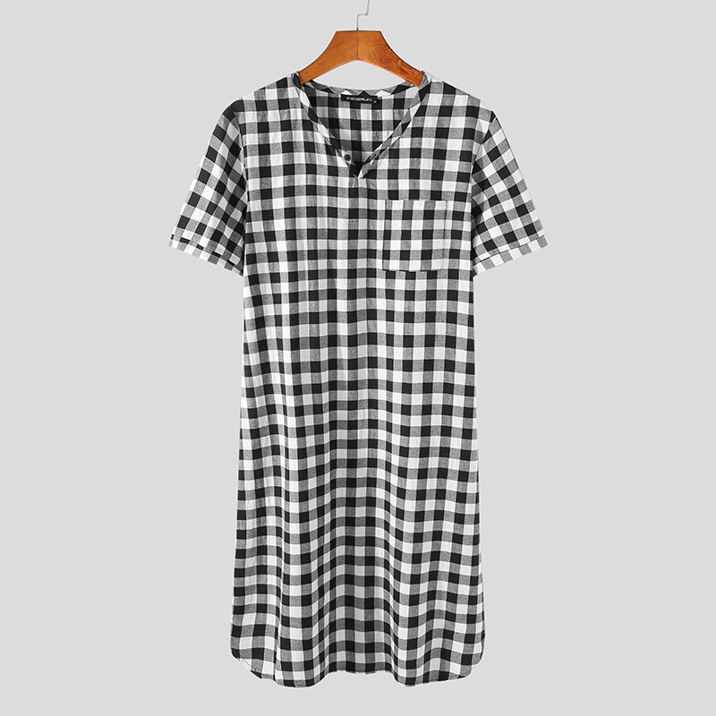 INCERUN Men Plaid Robes Homewear V Neck Short Sleeve Comfortable Leisure Nightgown Summer Soft Sleepwear Men Bathrobes S-5XL 7: Black / 4XL